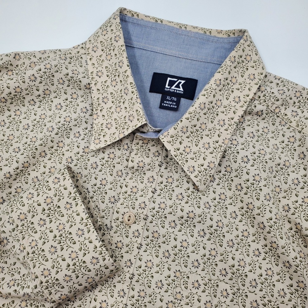 Cutter & Buck XL Floral Print Button Down Shirt Mens Long Sleeve Beige